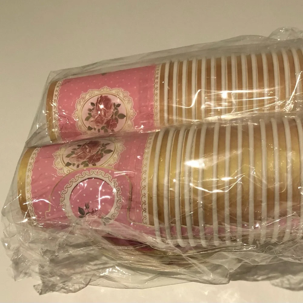 Elegant 60 PCS Pink Floral Party paper Plates and cups with handle.